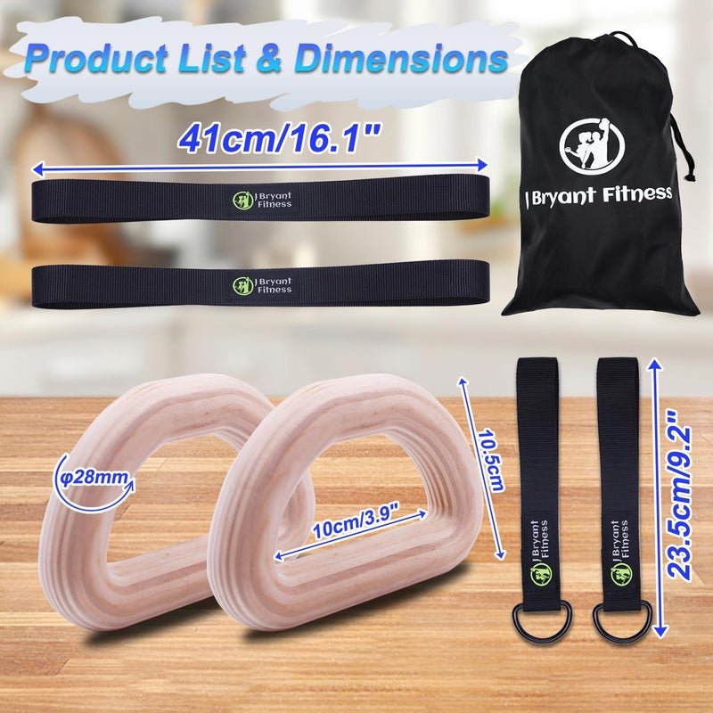 J Bryant Fitness Wooden Gymnastic Rings - Pull Up Grips & LAT Pull Down Gym Handles Design, Sturdy Webbing Straps with D-Rings, Pilates, Strength Training, and Portable Fitness - Includes Carry Bag - Image 2